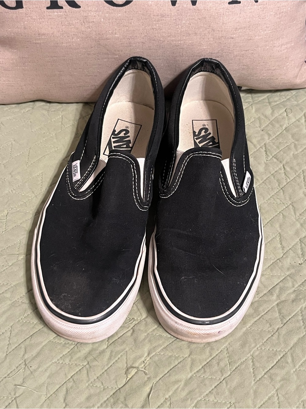 Vans Black Canvas Slip-On Loafers with White Trim